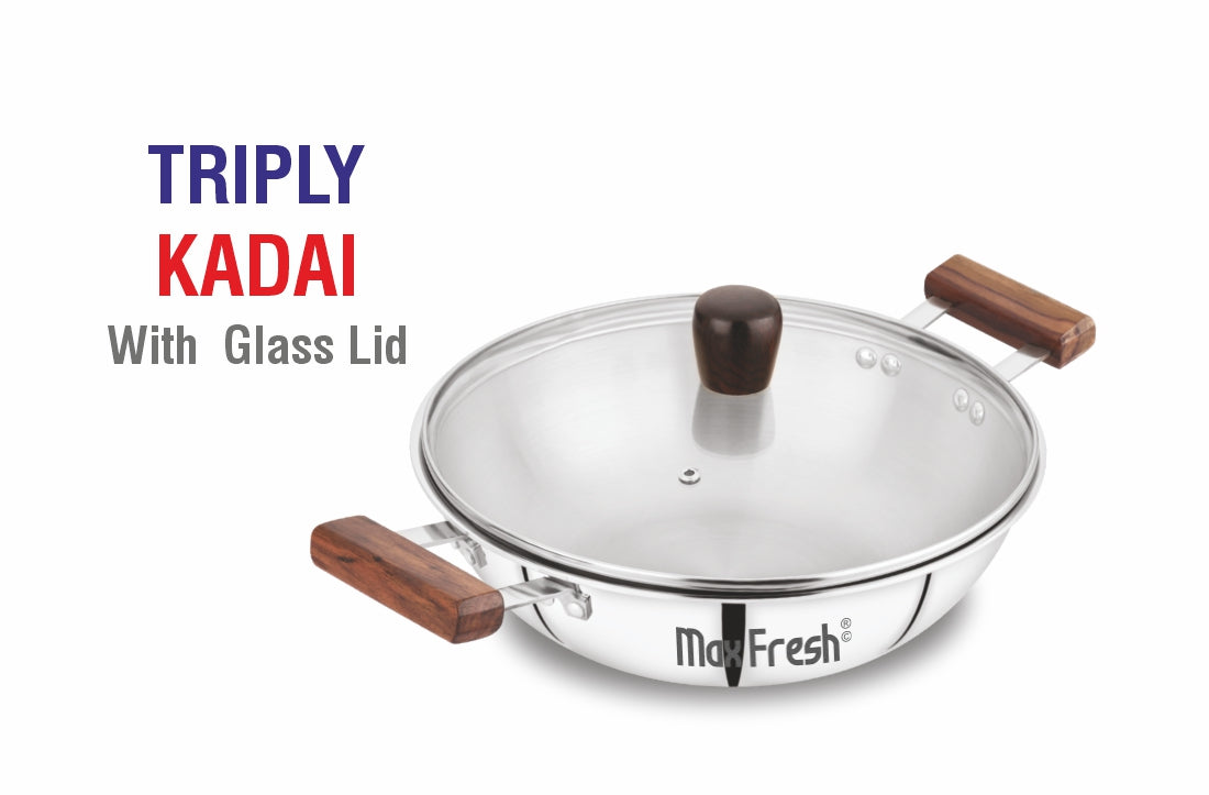 Triply Kadai with glass lid on a white background, featuring the brand 'MaxFresh'.