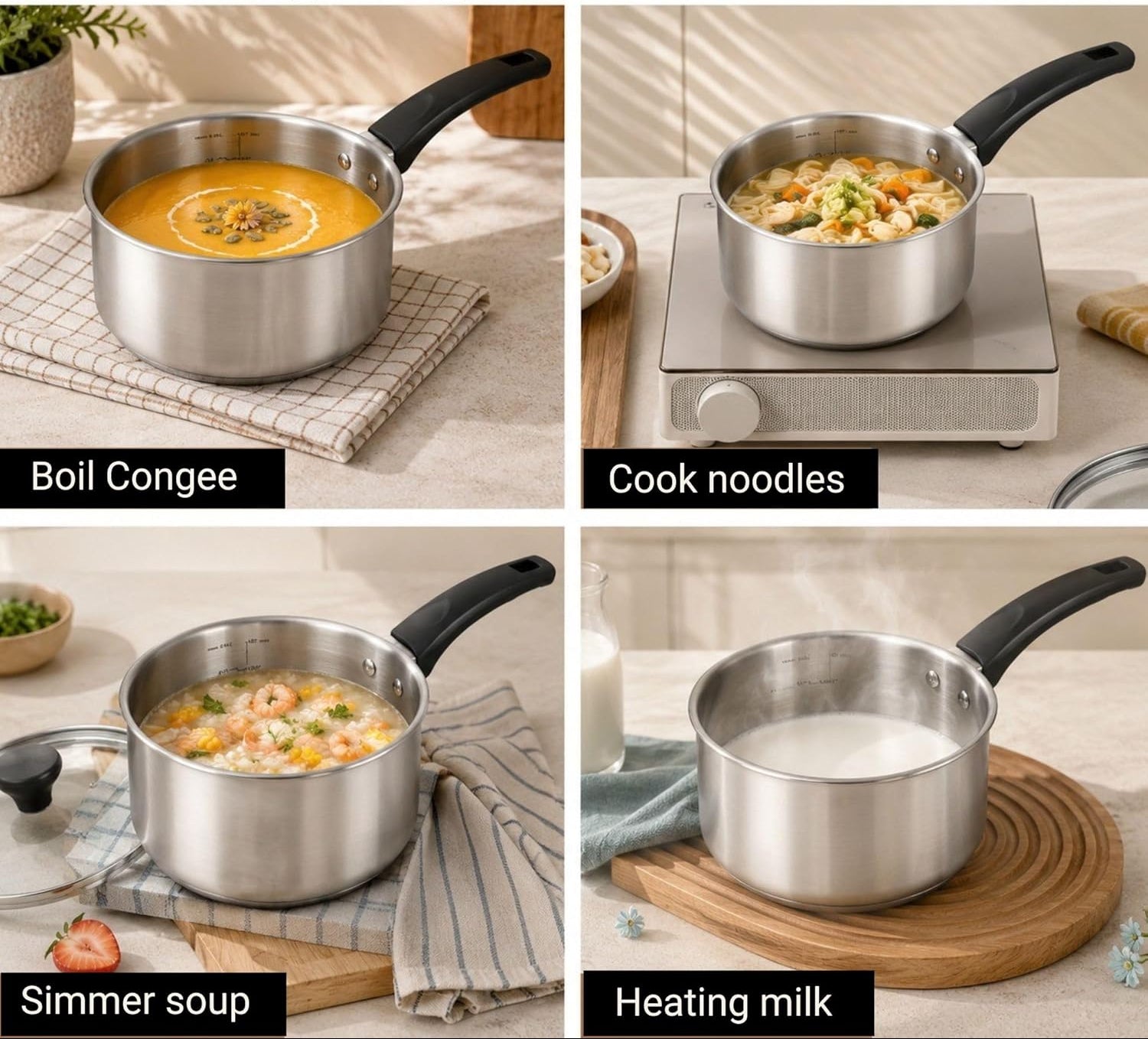 Collage of a stainless steel saucepan being used for various purposes on a kitchen counter.