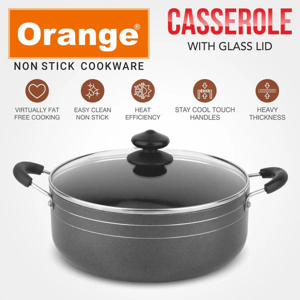 ORANGE NON STICK CASSEROLE +  Glass LID