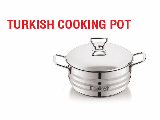 Stainless steel Turkish cooking pot with lid on a white background, featuring the brand 'Maxfresh'.